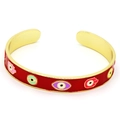 Gold-plated C-shaped evil eye and hamsa hand open bangle with red enamel finish - Red