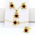 Cute golden bear jewelry set with red heart stones including necklace earrings and ring - Gold (Red)