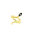 Detail of golden snake ring with evil eye enamel and layered scale texture - Snake Style (Black Eyes)
