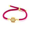 Macro detail of hand-woven rose pink cord bracelet with golden smiley flower charm - Rose Red Braided Flower Smiley (B2)