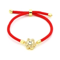 Close-up of red woven bracelet with a golden crystal sunflower and smiley face charm - Red Braided Flower Smiley (B4)