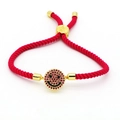 Pink bohemian woven rope bracelet with gold smiling face pendant and colorful zircon stones - Bright Pink Braided Smiley (A2)