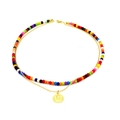 Detail of double-layer necklace with vibrant colorful beads and gold embossed pendant - Double Layer Colorful Bead Coin Embossed Style (218)