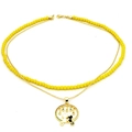 Detail of double-layer gold chain necklace featuring a cat pendant and yellow beads - Double Layer Yellow Bead Cat Style (218)