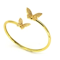 Elegante brazalete abierto dorado con dos motivos de mariposa con cristales brillantes - Mariposa