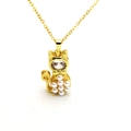 Golden cat pendant necklace with round crystal and white pearls on thin cross chain - Cat Style (C4)