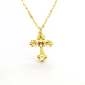 Golden hollow cross necklace featuring white pearls and clear rhinestones on thin O-chain - Cross