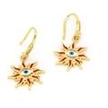 Detailed close-up of gold sun and evil eye earrings with colorful enamel and white zircon - Sun Evil Eye (a02)