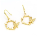 Detailed close-up of golden wreath earrings featuring imitation pearls and zircon butterfly - Butterfly Wreath (a08)
