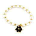 Elegant pearl and gold bead stretch bracelet with a black floral charm pendant - Black Flower (4998188008258) / Black