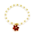 Elastic beaded bracelet with white pearls, gold beads, and a red flower pendant charm - Red Flower (4998188008259) / Red