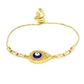 Detail of gold evil eye bracelet with blue enamel, zircon inlay and adjustable box chain - Teardrop Blue Eye Style (A2)