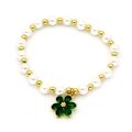 Elegant pearl and gold bead stretch bracelet featuring a green floral pendant charm - Green Flower (4998188008260) / Green