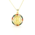 Collar dorado de la Virgen María con colgante de circonitas arcoíris y cadena - Estilo Virgen María Redondo Colorido (C)