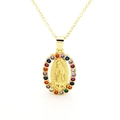 Collier doré avec pendentif de la Vierge Marie et pierres en zircone colorées - Style Vierge Marie Ovale (F)