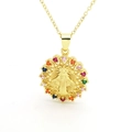 Collier médaille Vierge Marie dorée serti de zircons colorés au design soleil - Style Vierge Marie Tournesol (E)