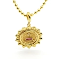 Detail of gold coin pendant with red stones, cross inlay, and French engraving - Sunburst Medallion Style (A1)