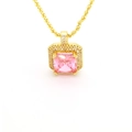 Close-up of a gold square pink gemstone pendant necklace with white zircon pavé setting - Pink