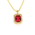 Hip hop style gold pendant necklace with square red gemstone and white zircon stones - Red