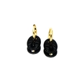 Detail of gold hoops with black enamel coffee bean charms in a modern geometric style - Black