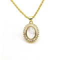Detail of gold oval pendant with Virgin Mary relief and clear baguette-cut zircons - White