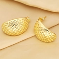 Primer plano de pendientes dorados con diseño de malla sobre tela de raso suave - Estilo de Medio Anillo de Rejilla Hueca / Dorado
