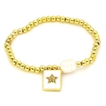 Golden beaded bracelet featuring a pearl charm and a white enamel star pendant - Star