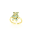 Detail of a gold-plated open ring featuring a teddy bear paved with blue zircon crystals - Sky Blue