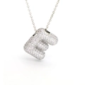 Macro shot of silver-plated bubble letter E pendant with clear zircon micro-paving detail - Letter E
