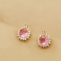 Elegant gold bow earrings featuring a square pink zircon center with a sparkling diamond halo - Pink Square Stud Earrings (A)