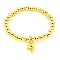 Gold beaded bracelet with palm tree pendant and green zircon accents on white background - Coconut Tree Style (S1)