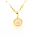 Gold chain necklace with pink pearls, cross charms, and round letter A pendant - Letter A