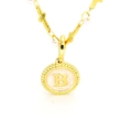 Gold letter B pendant necklace with pink enamel and pearl cross chain for women - Letter B