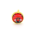 Ethnic round pendant featuring a colorful tribal mask with gold-textured metal frame - Red Tribal Mask (B2)