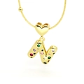 Macro detail of 18k gold plated letter N pendant with colorful crystals and heart clasp - Letter N Style