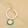 Religious pearl bracelet with gold Virgin Mary medal and turquoise bead accents - Deep Blue (C4)