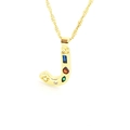 Close-up of gold letter J pendant with colorful zircon stones on a fine water wave chain - Letter J