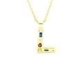 Detail of gold letter L necklace pendant with colorful multi-shape zirconia stones - Letter L