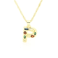 Detail of gold-plated letter P pendant with colorful zircon stones on a twist chain - Letter P