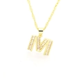 Vue détaillée du collier pendentif lettre M doré serti de zircons étincelants - Lettre M