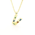 Detail shot of golden V-letter pendant with vibrant multi-color zircon stone settings - Letter V