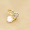 Gothic gold twist open ring featuring a large white pearl and St. Benedict medal - St Benedict Medal Rope Pearl Style (09#)