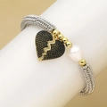 Bracelet élastique perlé avec pendentif coeur noir en strass et perle blanche élégante - Noir