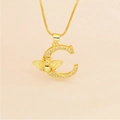 Gold letter C necklace with micro-pave zircons and 3D honey bee pendant on thin chain - Letter C