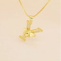 Detail of gold box chain and Y-shaped letter pendant featuring a zircon-studded honey bee - Letter Y