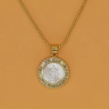 Golden St. Benedict medallion necklace with white shell inlay and zircon accents - White