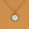 Close-up of Saint Benedict medallion necklace with pink stones and gold plating - Pink