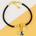 Detail of woven travel bracelet with gold plane, blue globe and passport charms - Black Rope - Travel Flight Theme