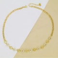 Detail of gold Cuban chain necklace featuring open metal hearts and white zircon stones - Heart (AC89) / Gold