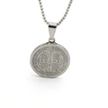 Detail of silver St. Benedict medal pendant with intricate religious engraving and box chain - St. Benedict Medal Style D Large